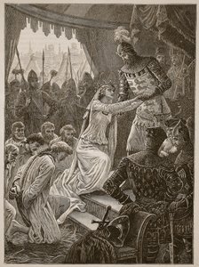 La Reina Philippa intercediendo por los Burgueses de Calais, ilustración de Cassells Illustrated History of England de English School
