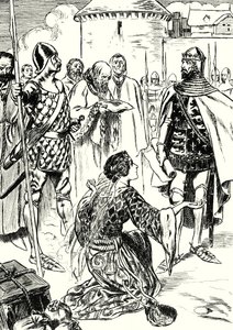 La reina Philippa suplica por los hombres de Calais (litografía) de English School