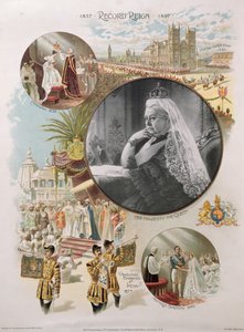 La Reina Victoria representada en el momento de su Jubileo de Diamante en 1897 junto con algunos de los principales eventos de su vida
