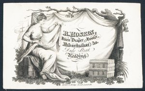 Tarjeta comercial de R Hoskin, vendedor de telas, calcetero, mercero de English School