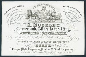 R Moseley, tallador y dorador del rey, tarjeta comercial de English School