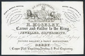 R Moseley, tallador y dorador del rey, tarjeta comercial de English School