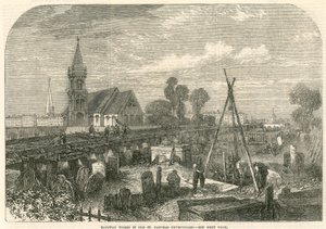 Trabajos ferroviarios en el cementerio de la Antigua Iglesia de St Pancras, Londres de English School