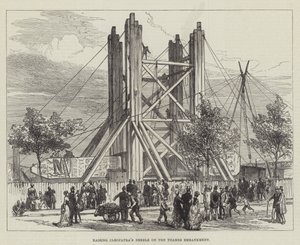 Levantando la Aguja de Cleopatra en el Embankment del Támesis (grabado) de English School