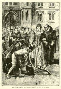 Raleigh colocando su capa ante la reina Isabel de English School