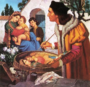 Rafael pintando a la Virgen y el Niño en la parte superior de un barril de vino de English School