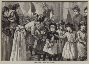 "¡Listos, siempre listos!": un grupo de niños yendo a un viaje de verano al campo (grabado) de English School
