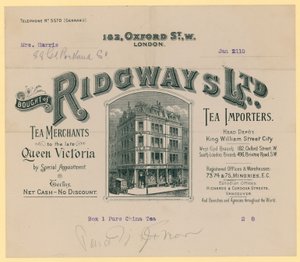 Recibo de Ridgways, importadores de té, 182 Oxford Street, Londres