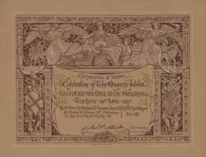 Recepción y baile en celebración del Jubileo de Oro de la Reina Victoria en el Guildhall, Ciudad de Londres, 28 de junio de 1887 (litografía) de English School