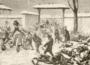 Recuperación de los muertos tras el asedio de Plevna, Bulgaria, en 1877 (litografía)
