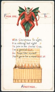 Diablo rojo y cesta de mimbre, tarjeta de Navidad de English School