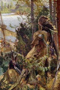 Indios rojos observando la llegada de un barco francés (litografía en color) de English School
