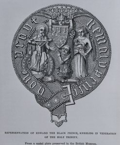 Representación de Eduardo el Príncipe Negro arrodillado en veneración de la Santísima Trinidad