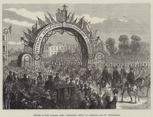 Retorno del Ejército Ruso, Entrada Triunfal de Cosacos en San Petersburgo (grabado) de English School