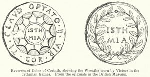 Reversos de monedas de Corinto, mostrando las coronas usadas por los vencedores en los Juegos Ístmicos (grabado)