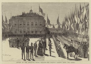 Revisión de la Brigada Naval Ashantee, Su Majestad pasando por las filas (grabado)