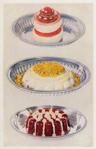 Gelatina de cinta; pudín de Venus; gelatina de vino y nata (litografía en color) de English School