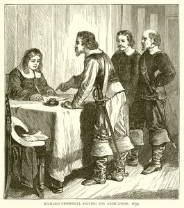 Richard Cromwell firmando su abdicación, 1659 de English School