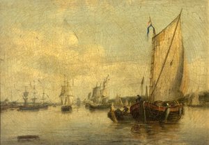 Escena fluvial con barcos de English School