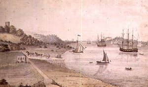 Paisaje fluvial con embarcaciones y el coche de Dover, c.1800 (tinta y lavado) de English School