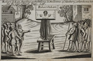 Robert Ockam en el cepo en la ciudad de Newberry, donde nació, ilustración de Hechos y Monumentos de John Foxe, novena edición, pub. 1684 de English School
