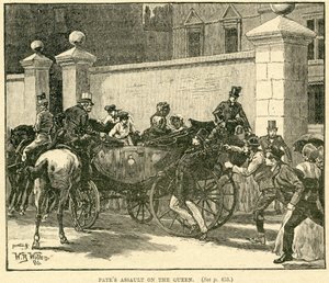 Robert Pates Golpeando a la Reina fuera de Cambridge House, ilustración tomada de The Life and Times of Queen Victoria, Vol. II por Robert Wilson, 1888 de English School