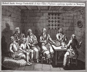 Robert Smith, George Tankerfield y sus compañeros prisioneros, conferenciando juntos en Newgate, ilustración de Mártires de Fox c.1703