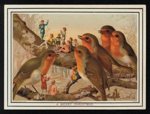 Petirrojos y un grupo de artistas, tarjeta de felicitación navideña. (cromolito) de English School