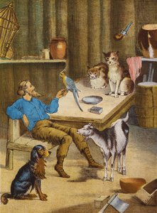 Robinson Crusoe (litografía en color) de English School