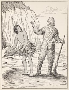 Robinson Crusoe y Viernes, ilustración de La historia de Robinson Crusoe: Una adaptación para niños siguiendo el lenguaje de Defoe, pub. por Griffith Farran Browne & Co. Limited, Londres de English School