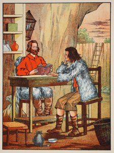 Robinson Crusoe y Viernes, ilustración de La historia de Robinson Crusoe: Una adaptación para niños siguiendo el lenguaje de Defoe, pub. por Griffith Farran Browne & Co. Limited, Londres de English School