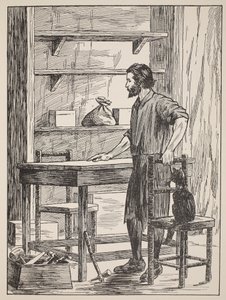 Robinson Crusoe construyendo mesa y sillas para su cueva, ilustración de La historia de Robinson Crusoe: Una adaptación para niños siguiendo el lenguaje de Defoe, pub. por Griffith Farran Browne & Co. Limited, Londres de English School