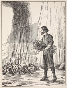 Robinson Crusoe cocinando, ilustración de La historia de Robinson Crusoe: Una adaptación para niños siguiendo el lenguaje de Defoe, pub. por Griffith Farran Browne & Co. Limited, Londres de English School