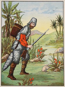 Robinson Crusoe, ilustración de La historia de Robinson Crusoe: Una adaptación para niños siguiendo el lenguaje de Defoe, pub. por Griffith Farran Browne & Co. Limited, Londres de English School
