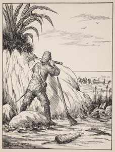 Robinson Crusoe, ilustración de La historia de Robinson Crusoe: Una adaptación para niños siguiendo el lenguaje de Defoe, pub. por Griffith Farran Browne & Co. Limited, Londres de English School