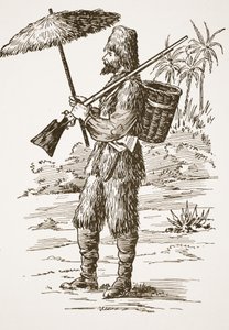 Robinson Crusoe, ilustración de La historia de Robinson Crusoe: Una adaptación para niños siguiendo el lenguaje de Defoe, pub. por Griffith Farran Browne & Co. Limited, Londres de English School