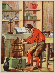 Robinson Crusoe haciendo una jaula para su loro, ilustración de La historia de Robinson Crusoe: Una adaptación para niños siguiendo el lenguaje de Defoe, pub. por Griffith Farran Browne & Co. Limited, Londres de English School