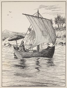 Robinson Crusoe en su bote, ilustración de La historia de Robinson Crusoe: Una adaptación para niños siguiendo el lenguaje de Defoe, pub. por Griffith Farran Browne & Co. Limited, Londres