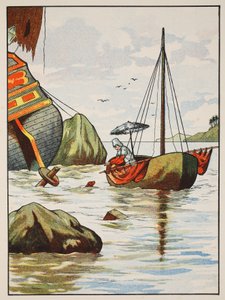 Robinson Crusoe rescatando a un perro de un naufragio español, ilustración de La historia de Robinson Crusoe: Una adaptación para niños siguiendo el lenguaje de Defoe, pub. por Griffith Farran Browne & Co. Limited, Londres de English School
