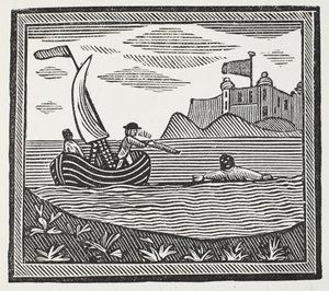 Robinson y Xury escapando de los moros, ilustración de Chap-books del siglo XVIII de John Ashton, pub. 1882 de English School
