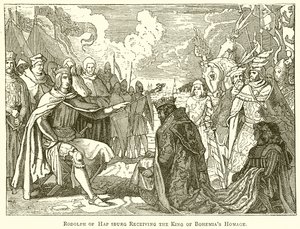 Rodolfo de Habsburgo recibiendo el Homenaje del Rey de Bohemia de English School
