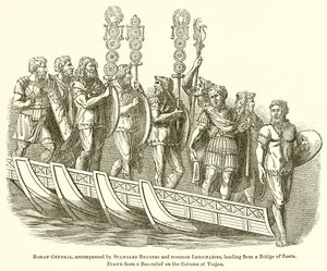General romano, acompañado por abanderados y legionarios comunes, desembarcando desde un puente de barcos de English School