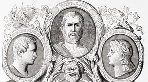 Autores romanos, de izquierda a derecha, Horacio, Terencio y Virgilio, de la Historia Ilustrada del Mundo de Ward y Lock, pub. c.1882