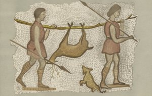 Mosaico romano con dos hombres que transportan un ciervo (litografía en color)