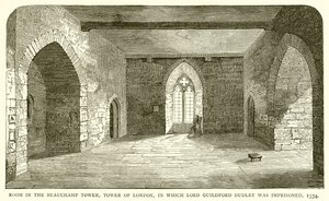 Habitación en la Torre Beauchamp, Torre de Londres, donde fue encarcelado Lord Guildford Dudley, 1554 de English School