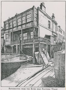 Rotherhithe desde el Río Támesis cerca de Platform Wharf; El Ángel de English School