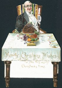 Hombre rotundo en la mesa, tarjeta de Navidad de English School