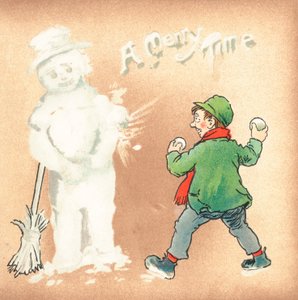 Chico rudo lanzando bolas de nieve a un muñeco de nieve, tarjeta de Navidad de English School