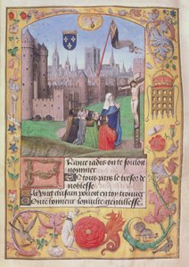 Roy 16 F II f.89 Notre Dame, París mostrando los brazos empalados, la Virgen debajo protege nueve figuras arrodilladas ante la Crucifixión, de Poems of Charles, Duke of Orleans, c.1500 (vitela) de English School