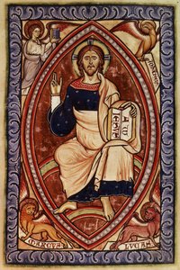 Roy 2 A XXII f.14 Cristo en Majestad con Símbolos de los Evangelistas, del Salterio de Westminster, c.1250 (vitela)